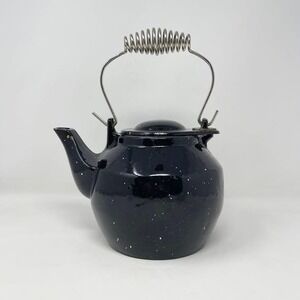 VTG Enameled Cast Iron Steamer Kettle Black White‎ Speckled 2.5 QT Farmhouse